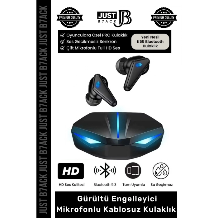 Premium RGB Işıklı K55 Tws Pro Extra Bass Mikrofon 3D Stereo Ses Bluetooth Kablosuz Oyuncu Kulaklık