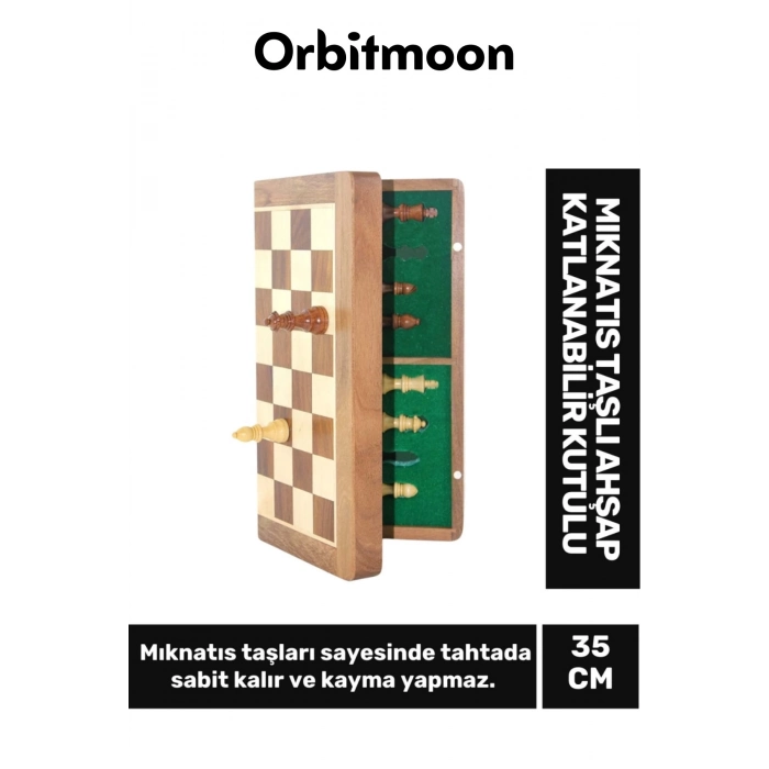 Premium Seri Ahşap Dekoratif Strateji Zeka Mıknatıs Taşlı Katlanabilir Kutulu Satranç Oyunu 35 Cm