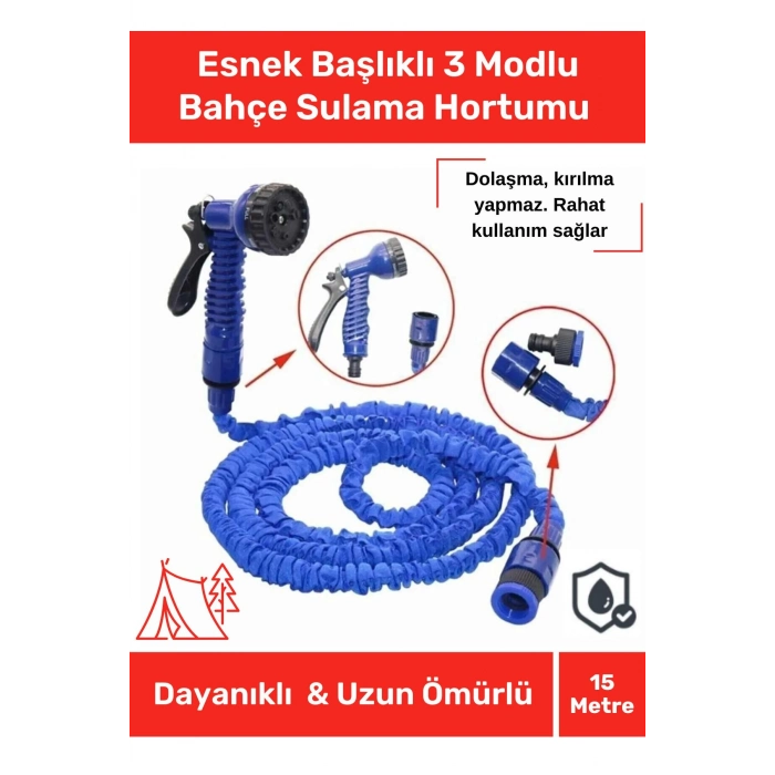 Premium Seri Dolaşmaz Kırılmaz 7 Kademeli Uzayan Bahçe Sulama Araç Yıkama Tabancalı 15 Metre Hortum