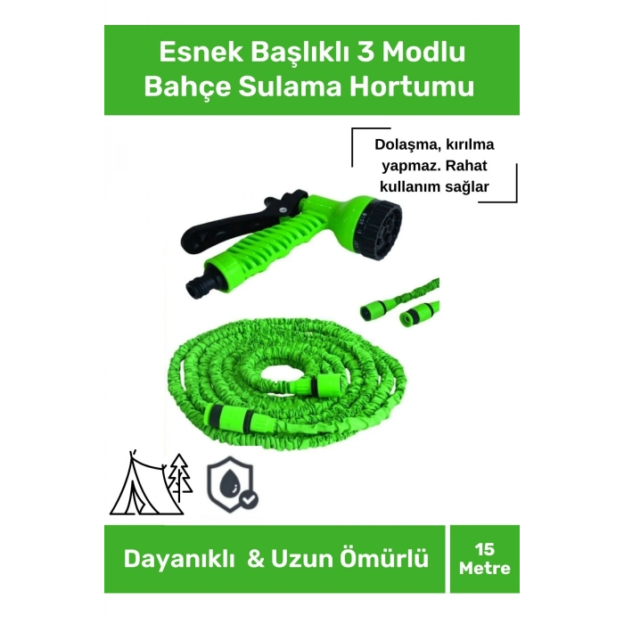 Premium Seri Dolaşmaz Kırılmaz 7 Kademeli Uzayan Bahçe Sulama Araç Yıkama Tabancalı 15 Metre Hortum