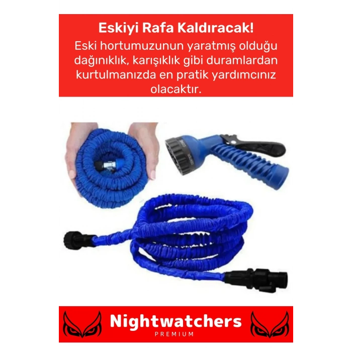 Premium Seri Dolaşmaz Kırılmaz 7 Kademeli Uzayan Bahçe Sulama Araç Yıkama Tabancalı 15 Metre Hortum