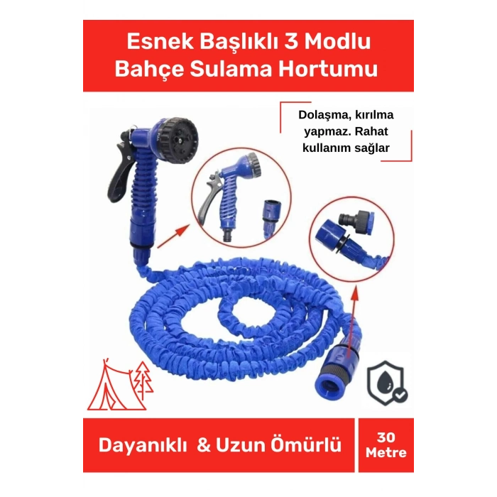 Premium Seri Dolaşmaz Kırılmaz 7 Kademeli Uzayan Bahçe Sulama Araç Yıkama Tabancalı 30 Metre Hortum