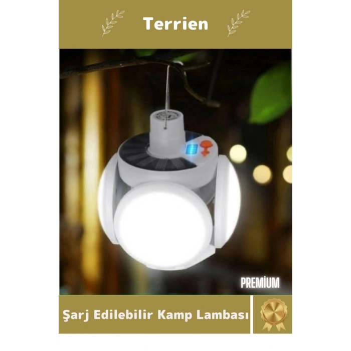 Premium Seri Solar 5 Kanatlı Pratik Güneş Enerjisi ve Usb Şarjlı Katlanabilir Askılı Kamp Lambası