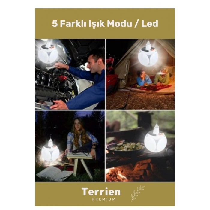 Premium Seri Solar 5 Kanatlı Pratik Güneş Enerjisi ve Usb Şarjlı Katlanabilir Askılı Kamp Lambası