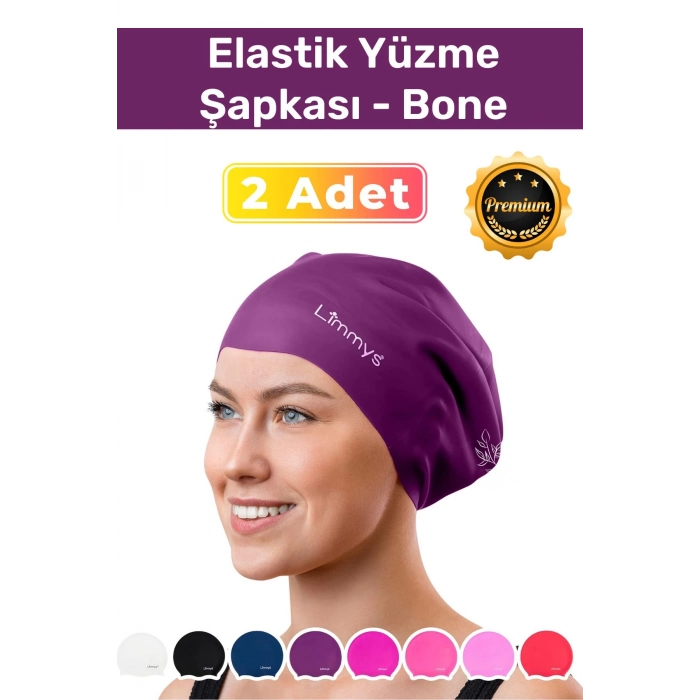 Premium Seri Su Geçirmez Silikon Yüzücü Havuz Deniz Bonesi Elastik Yüzme Şapkası 2li Set