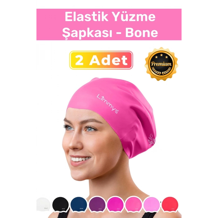 Premium Seri Su Geçirmez Silikon Yüzücü Havuz Deniz Bonesi Elastik Yüzme Şapkası 2li Set