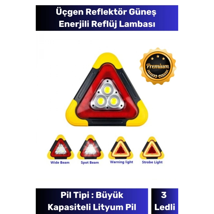 Premium Su Geçirmez 3 Ledli Solar Üçgen Reflektör Güneş Enerjili Refluj Araba Oto Lambası