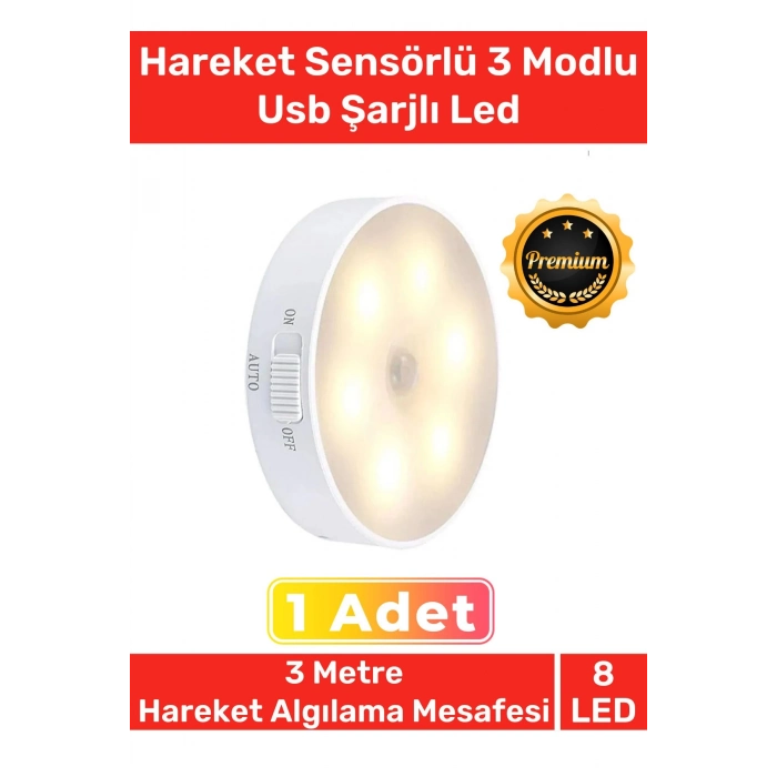 Premium Üretim Mıknatıslı 3 Mod Pratik Hareket Sensörlü 8 Ledli Usb Şarjlı Beyaz Işık Gece Lambası