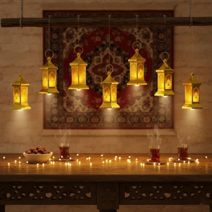 #RamazanAyı Ramazan Temalı Altıgen Gold Dekoratif Osmanlı İslami Mimari Işık Kubbe LED Lamba