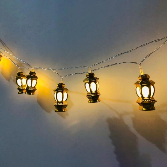 #Led Ramazan Tema Kubbe Dekoratif Gold Metal Zincir Huzurlu Ambiyans Işıklandırma Pilli LED 2 Metre