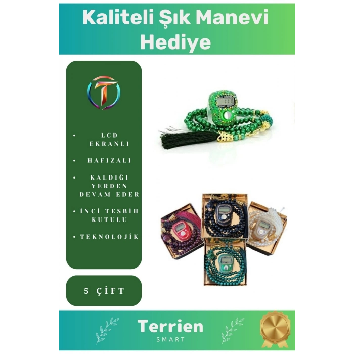 Ramazana Özel LCD Ekran Hafızalı Hac Umre Mevlüt Kandil Hediyesi 5 Çift Taşlı Zikirmatik Tesbih Seti
