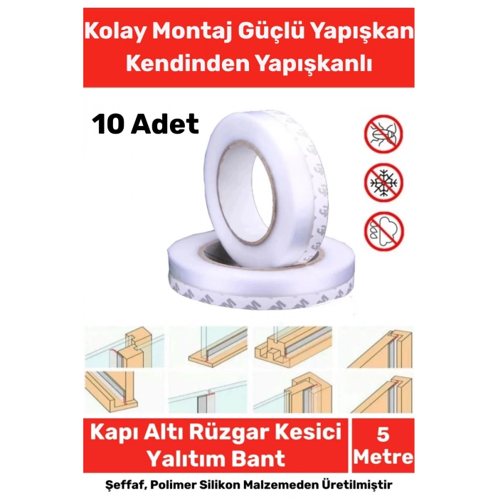 Ses Böcek Toz Önleyici Rüzgar Kesici Kapı Pencere Isı Izolasyon Yalıtım Şeffaf Şerit Bant 5mt 10Adet