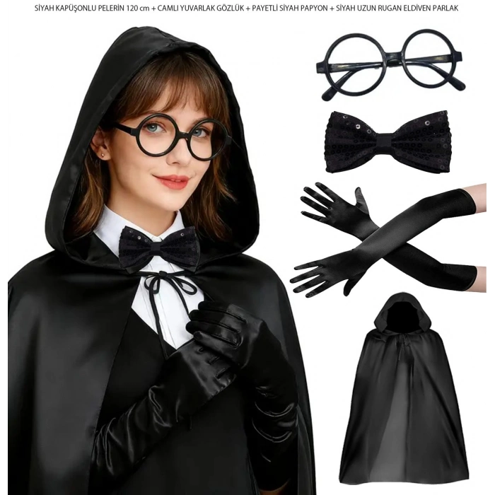 #Kostüm Jarse Cosplay Parti Sahne Eğlence Aksesuar Siyah Kapüşonlu Büyücü Cadı Pelerin Kostüm Seti