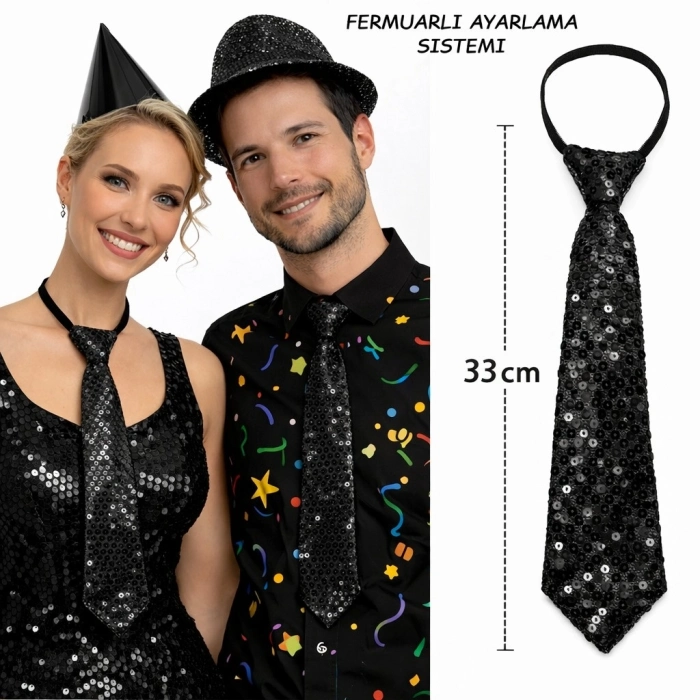 #Kravat Göz Alıcı Sahne Kostüm Aksesuarı Hazır Siyah Renk Pul Payetli Işıltılı Parti Kravatı 33 cm