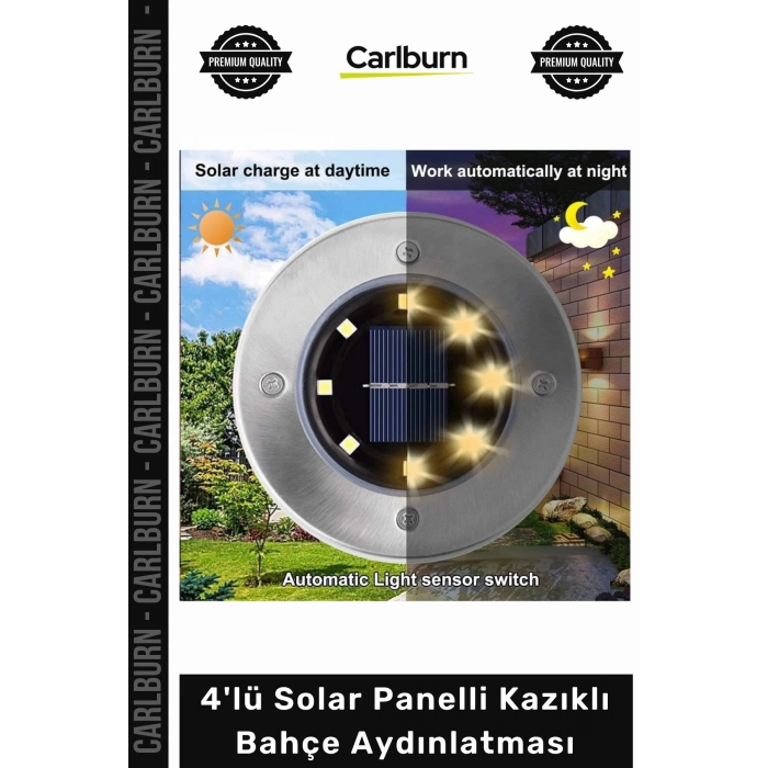 #Solar 8 Ledli Su Geçirmez Metal Dış Yüzey 4lü Solar Panelli Kazıklı Bahçe Aydınlatması