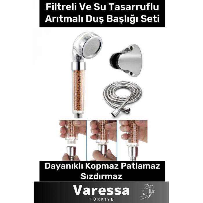 Su Tasarruflu Arıtmalı Paslanmaz Filtreli Duş Başlığı Doğal Taş Boncuklu Başlık Hortum Mafsal Seti
