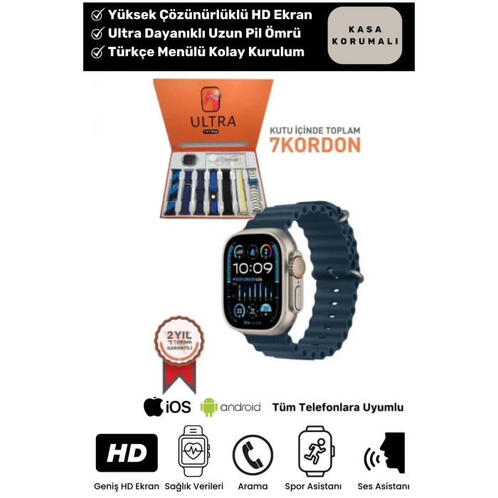 Ultra 7 in 1 Strap Bluetooth Arama Yanıtlama Bildirim Kasa Koruma Akıllı Saat + 7 Renkli Kordon
