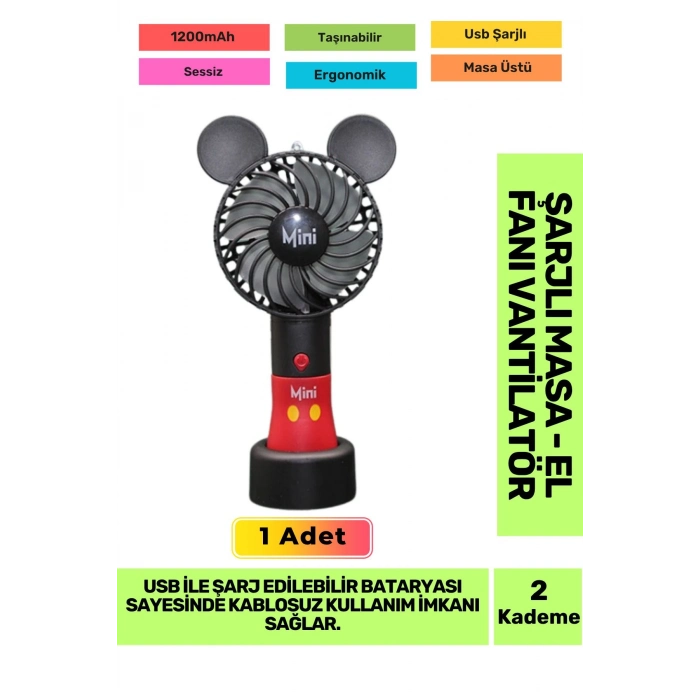 Ultra Sessiz 2 Kademeli Hafif Kablosuz 1200mAh Pervane Taşınabilir Usb Şarjlı Masa El Fan Vantilatör
