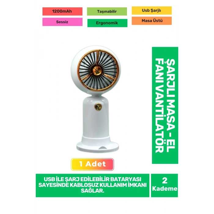 Ultra Sessiz 2 Kademeli Hafif Kablosuz 1200mAh Pervane Taşınabilir Usb Şarjlı Masa El Fan Vantilatör
