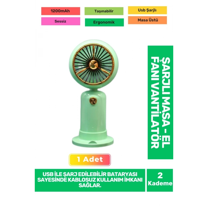 Ultra Sessiz 2 Kademeli Hafif Kablosuz 1200mAh Pervane Taşınabilir Usb Şarjlı Masa El Fan Vantilatör