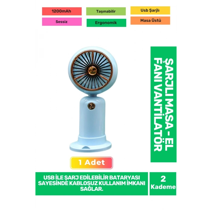 Ultra Sessiz 2 Kademeli Hafif Kablosuz 1200mAh Pervane Taşınabilir Usb Şarjlı Masa El Fan Vantilatör