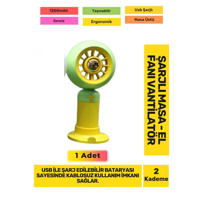 Ultra Sessiz 2 Kademeli Hafif Kablosuz 1200mAh Pervaneli Taşınabilir Usb Şarj Masa El Fan Vantilatör
