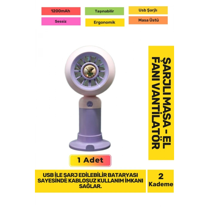 Ultra Sessiz 2 Kademeli Hafif Kablosuz 1200mAh Pervaneli Taşınabilir Usb Şarj Masa El Fan Vantilatör