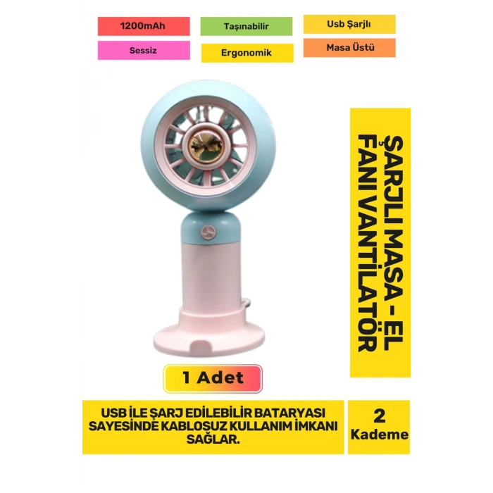 Ultra Sessiz 2 Kademeli Hafif Kablosuz 1200mAh Pervaneli Taşınabilir Usb Şarj Masa El Fan Vantilatör