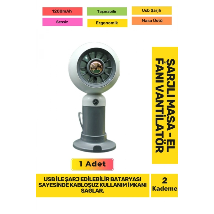 Ultra Sessiz 2 Kademeli Hafif Kablosuz 1200mAh Pervaneli Taşınabilir Usb Şarj Masa El Fan Vantilatör