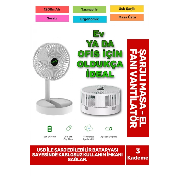 Ultra Sessiz 3 Kademeli Hafif Kablosuz 1200mAh Pervane Taşınabilir Usb Şarjlı Masa El Fan Vantilatör