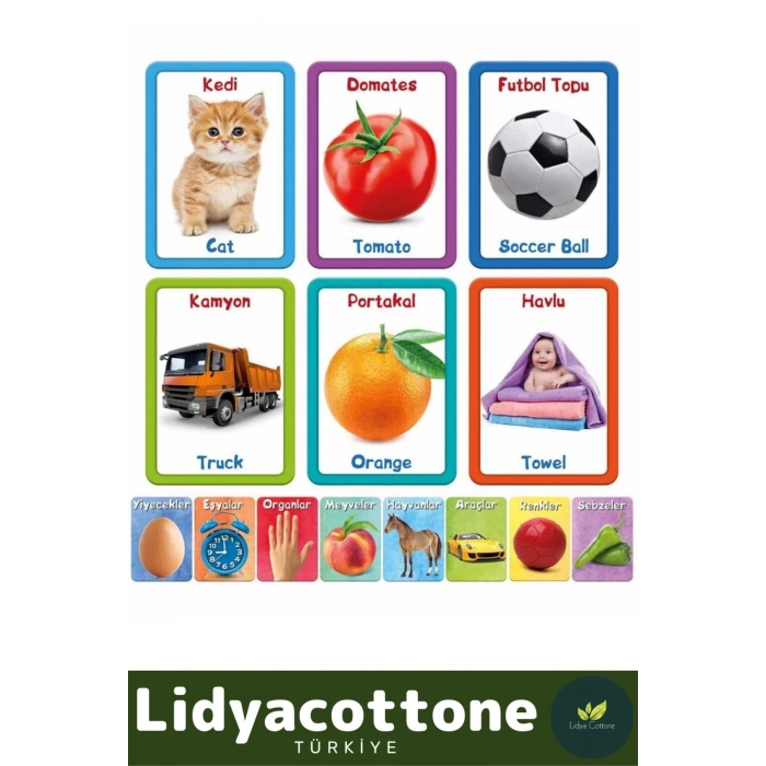 Yabancı Dil Eğitici Zeka Geliştirici Çocuk İlk 100 Sözcük İngilizce Türkçe Kartlar