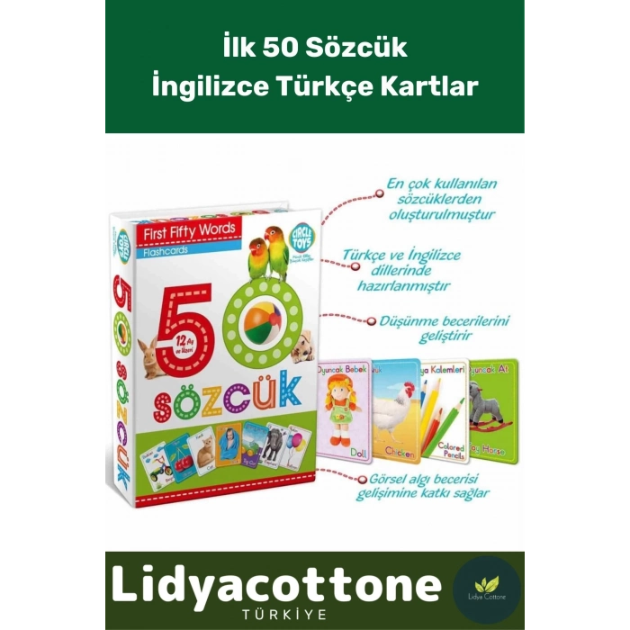 Yabancı Dil Eğitici Zeka Geliştirici Çocuk İlk 50 Sözcük İngilizce Türkçe Kartlar Yabancı Dil