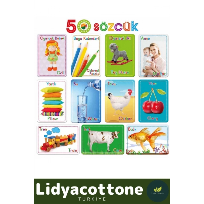Yabancı Dil Eğitici Zeka Geliştirici Çocuk İlk 50 Sözcük İngilizce Türkçe Kartlar Yabancı Dil