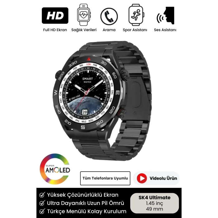 Yeni Nesil SK4 Ultimate Amoled HD Oval Ekran Spor Sağlık Sensörlü IOS Android Uyumlu Akıllı Saat