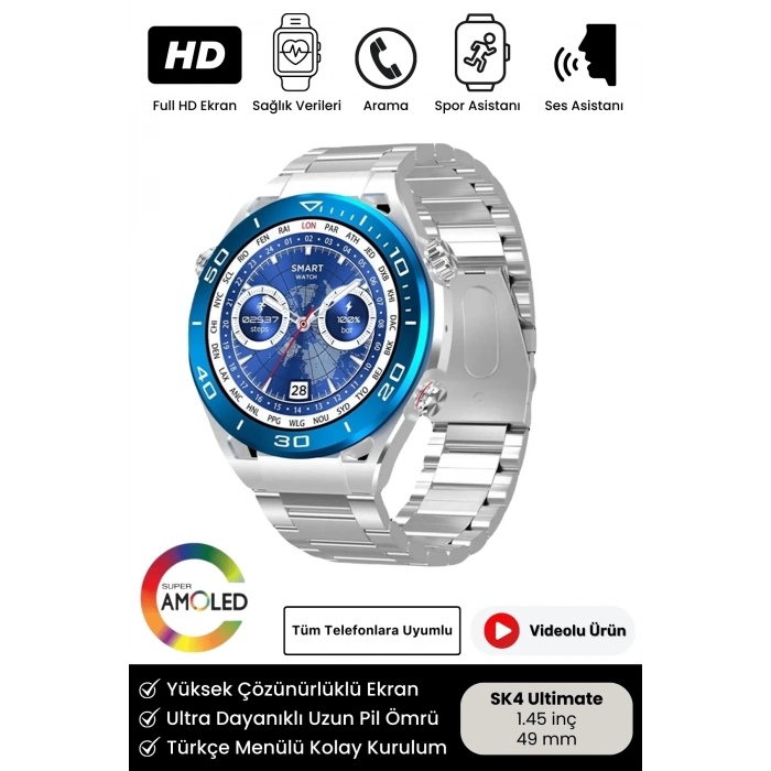 Yeni Nesil SK4 Ultimate Amoled HD Oval Ekran Spor Sağlık Sensörlü IOS Android Uyumlu Akıllı Saat
