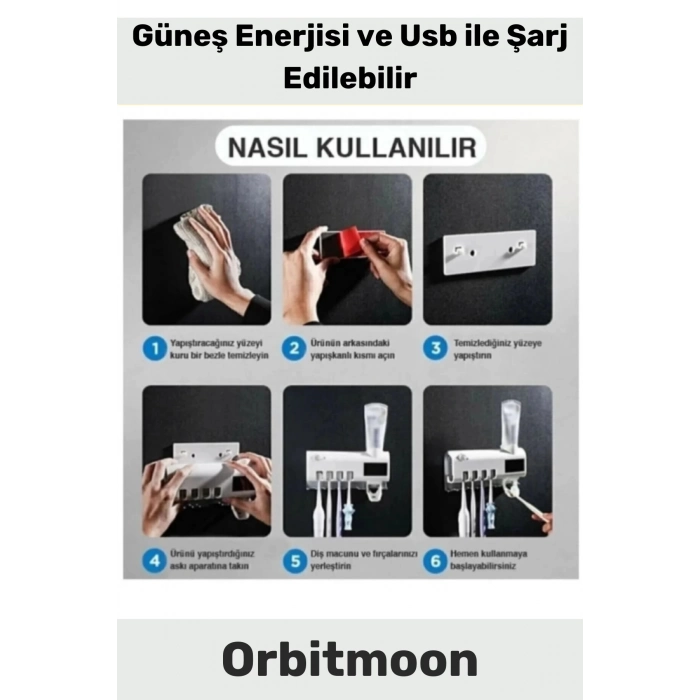 Yeni Seri Güneş Enerjili Usb Şarjlı Diş Macun Sıkacağı Sterilizatörlü 4 Adet Diş Fırçalığı Tutucu
