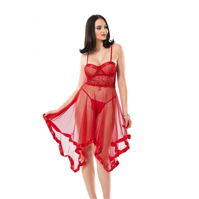 Yeni Seri Rahat Transparan İç Gösteren Fantezi Sexy Şık Zarif Kırmızı Petli Tül Şifon Gecelik
