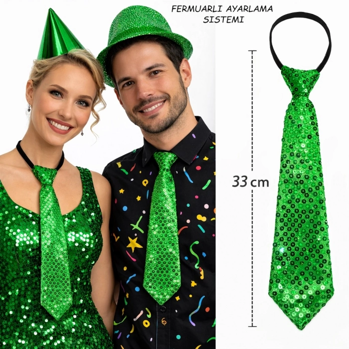 #Kravat Göz Alıcı Sahne Kostüm Aksesuarı Hazır Yeşil Renk Pul Payetli Işıltılı Parti Kravatı 33 cm