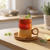 Özel Üretim Şık Isı Korumalı 12 Parça Çay Seti Bambu Bardak Altığı Çift Cidarlı Cam 150 ml