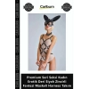 Özel Üretim Şık Premium Seri Seksi Kadın Erotik Deri Siyah Zincirli Fantezi Maskeli Harness Takım