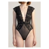 #Bodysuit Kadın Seksi Şık Kesik Dekolte Yüksek Bel İnce Sıkı Siyah Yarım Kol Dantel Bodysuit
