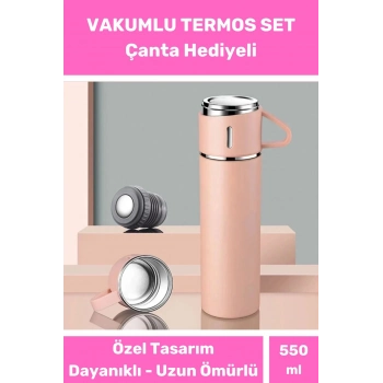 3 Bardaklı Soğuk Sıcak Termos Vakumlu Termos Set Çanta Hediyeli Paslanmaz Çelik 550 Ml