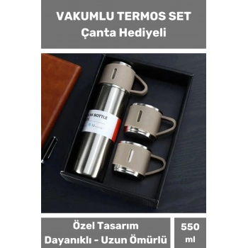 3 Bardaklı Soğuk Sıcak Termos Vakumlu Termos Set Çanta Hediyeli Paslanmaz Çelik 550 Ml
