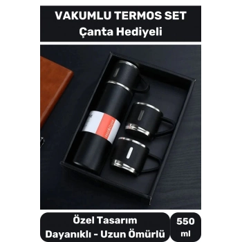3 Bardaklı Soğuk Sıcak Termos Vakumlu Termos Set Çanta Hediyeli Paslanmaz Çelik 550 Ml