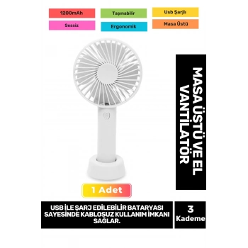 3 Kademeli Ultra Sessiz Hafif Kablosuz 1200mAh Pervaneli Taşınabilir Usb Şarj Masa El Fan Vantilatör
