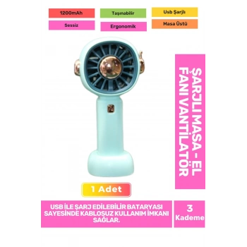 3 Kademeli Ultra Sessiz Hafif Kablosuz 1200mAh Pervaneli Taşınabilir Usb Şarj Masa El Fan Vantilatör