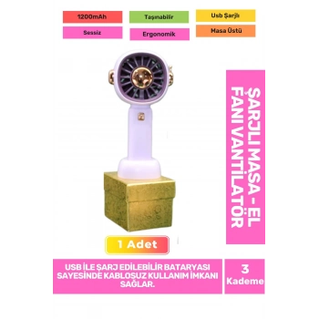 3 Kademeli Ultra Sessiz Hafif Kablosuz 1200mAh Pervaneli Taşınabilir Usb Şarj Masa El Fan Vantilatör