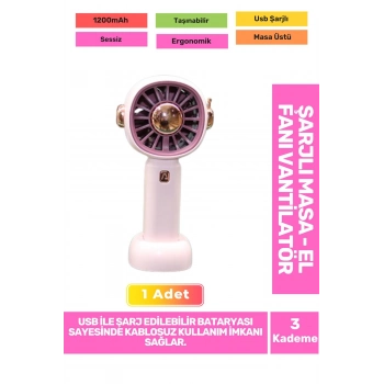 3 Kademeli Ultra Sessiz Hafif Kablosuz 1200mAh Pervaneli Taşınabilir Usb Şarj Masa El Fan Vantilatör