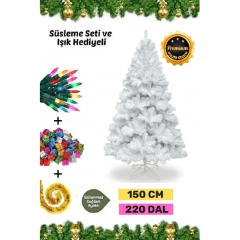 Premium Süsleme Set Yılbaşı Beyaz Çam Ağacı Renkli Işığı Yeni Yıl Süsleri Noel Paketi 150 Cm 220 Dal