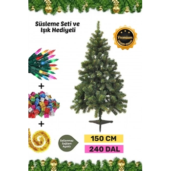 Premium Kutu Süsleme Seti Yılbaşı Çam Ağacı Renkli Işığı Yeni Yıl Süsleri Noel Paketi 150 Cm 240 Dal